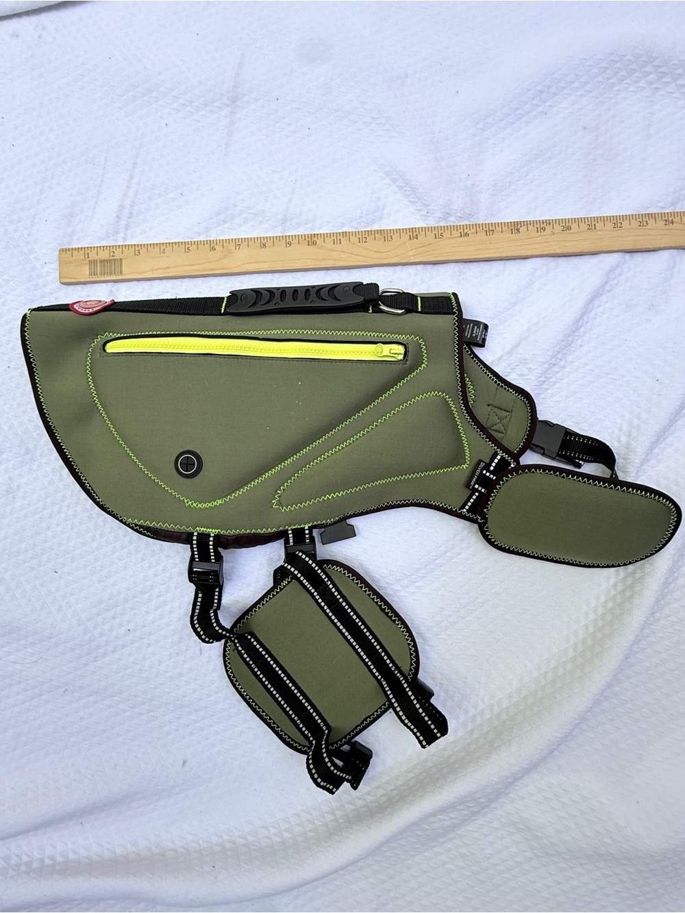 Olive Green Dog Tactical Harness with Neon Yellow Zipper
